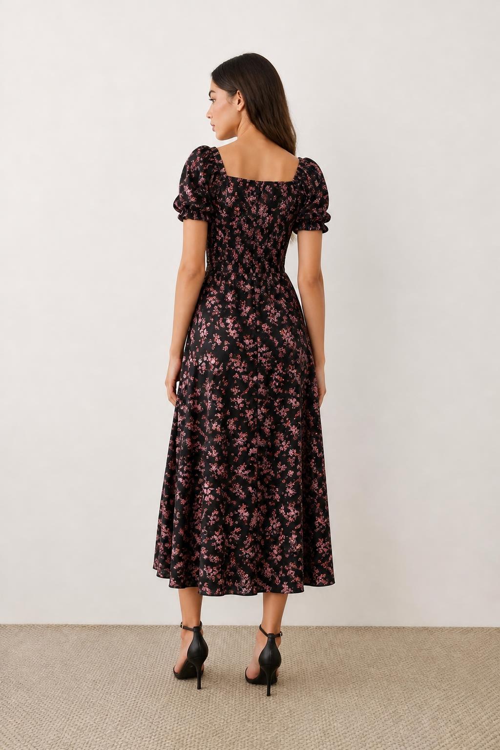 Sophia | Square Neck Dress, Floral with Puff Sleeves and Drawstring - back view
