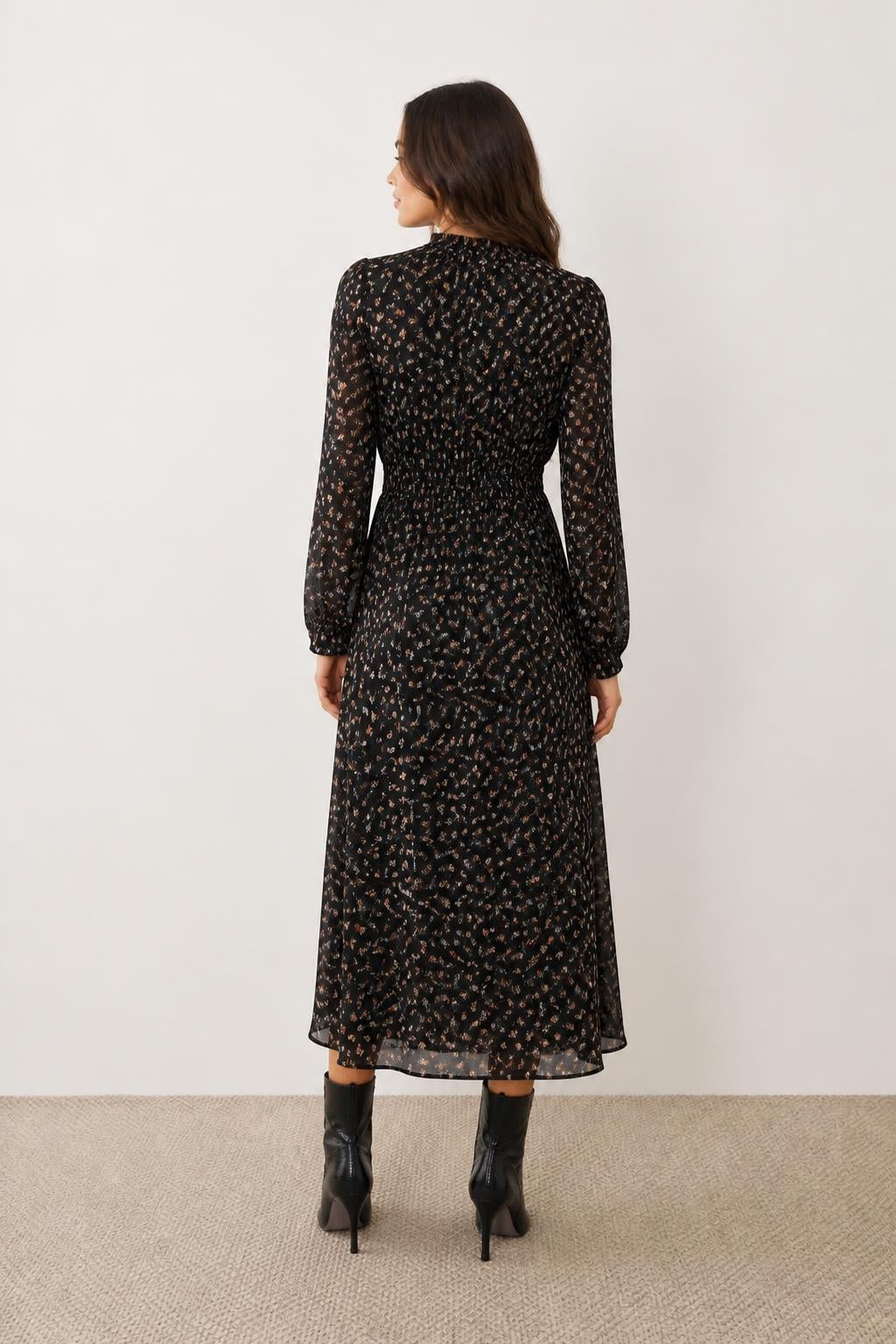 Mia | Flower Dress, A-Line with Stand Collar and Ruffle Hem - back view
