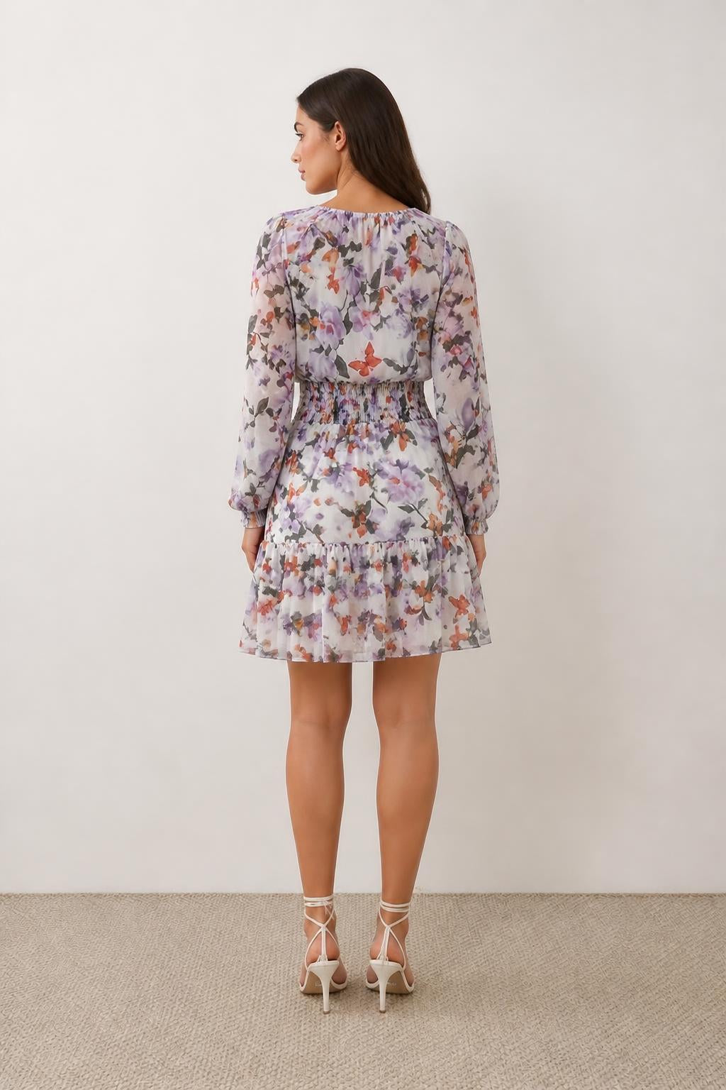 Sofia | Long Sleeve Mini Dress, Elegant Floral V-Neck with Ruffles - back view