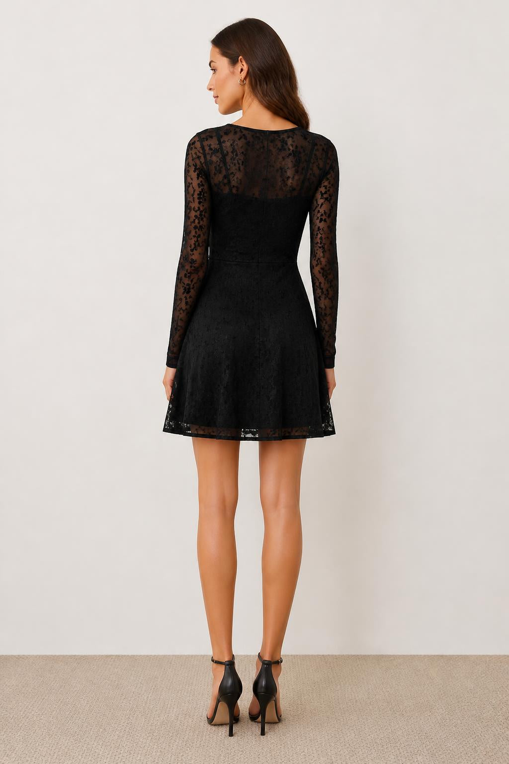 Emma | Black Velvet Dress, Elegant Mesh Long Sleeve Mini - back view