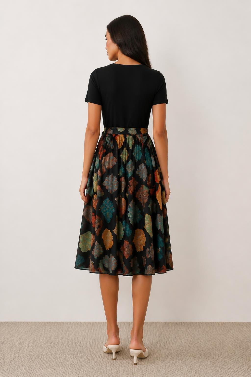 Amelia | Short Sleeve Dress, Floral Round Neck with Belt - back view