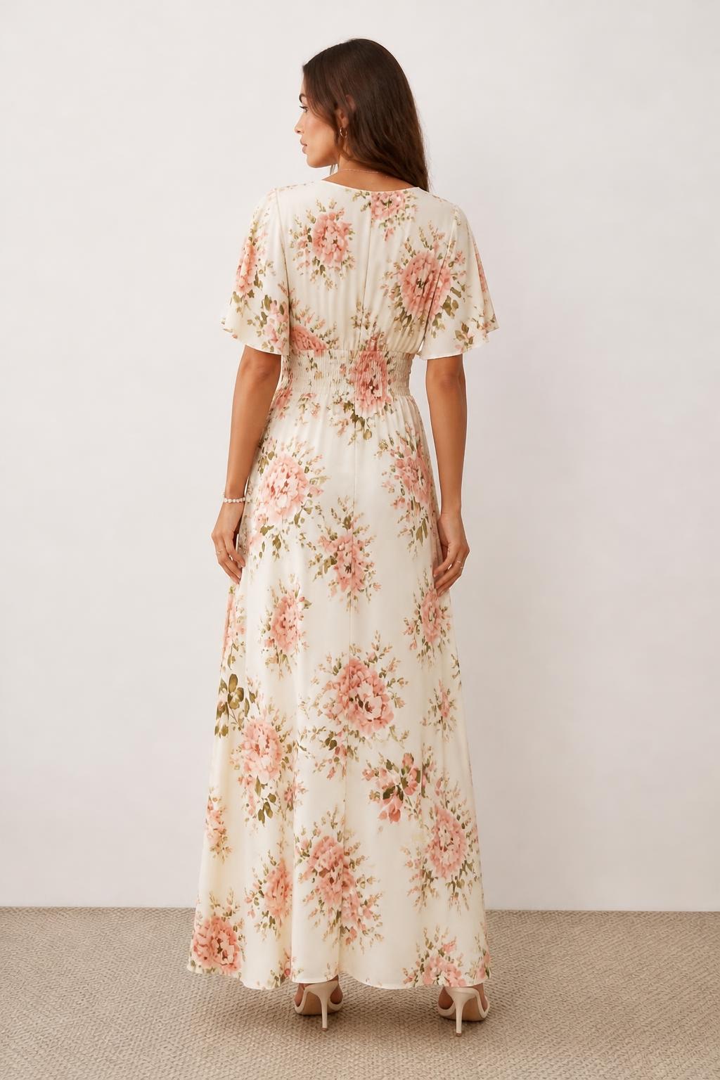 Mia | Flutter Sleeve Dress, Elegant Floral with Ruched Waist - back view