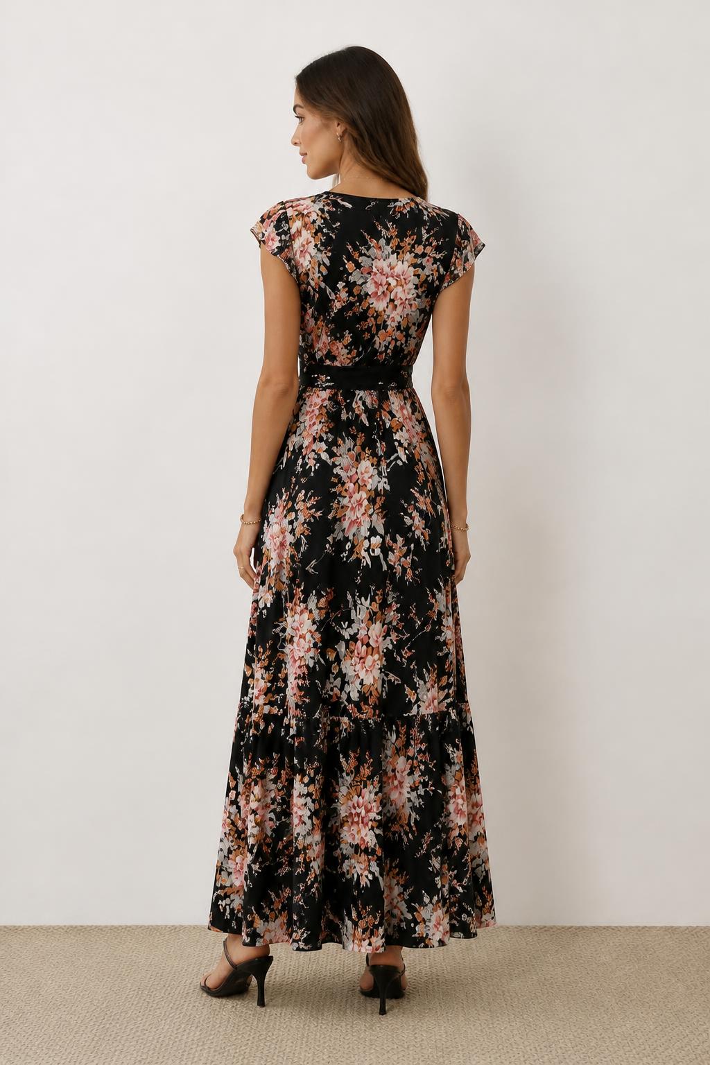 Evelyn | Swing Dress, Belted Floral with Ruffle Sleeves - back view