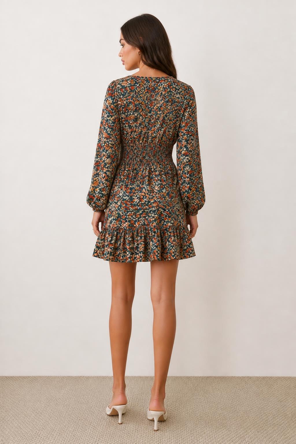 Sofia | Floral Print Dress, Lantern Sleeves and Ruffle Trim - back view