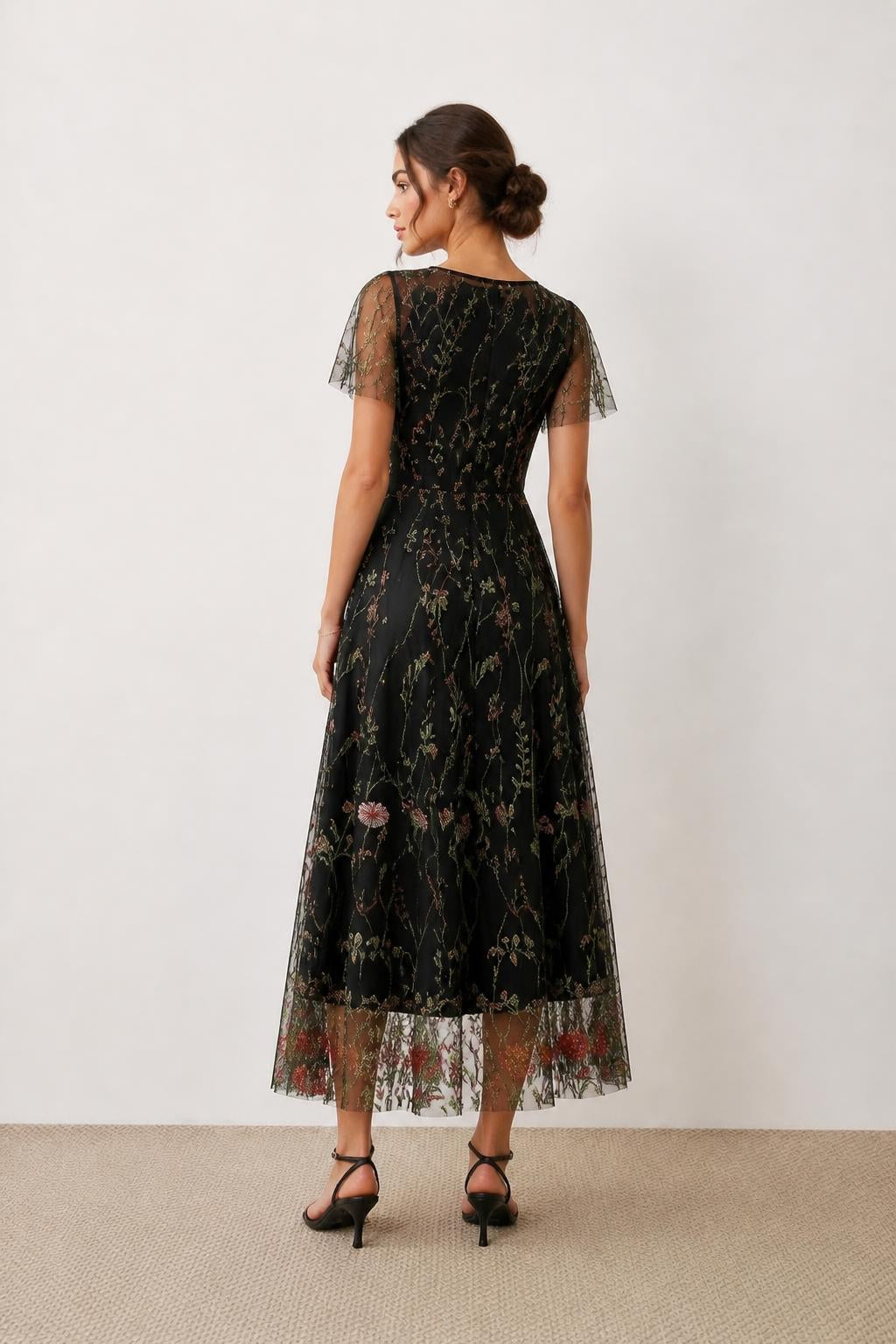 Eliana | Floral Embroidered Dress, Elegant Mesh with Round Neck - back view