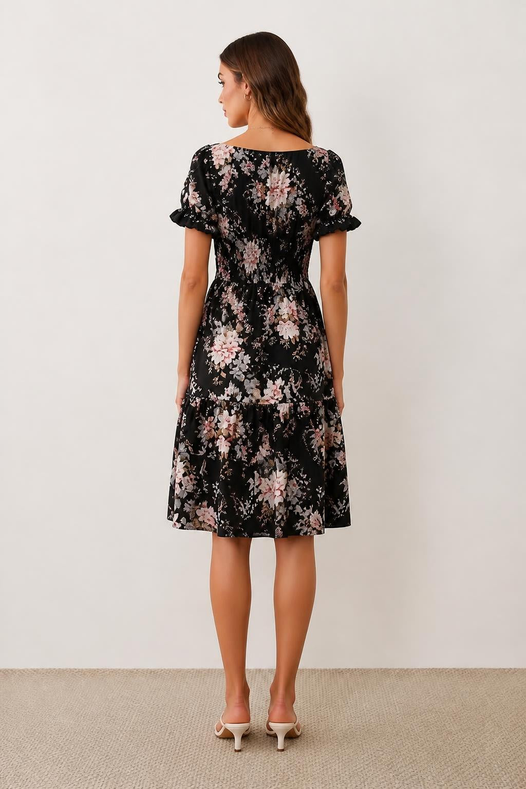 Olivia | Square Neckline Dress, Women's Floral Print with Ruffles - back view