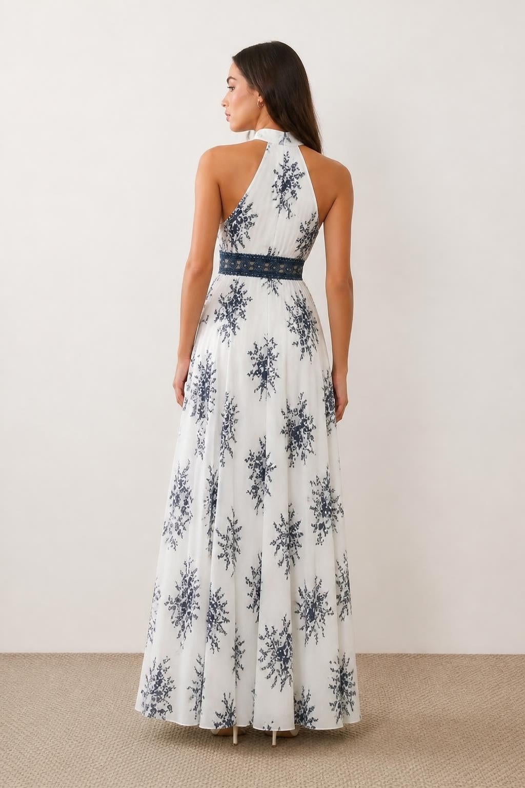 Mia | White Maxi Dress, Elegant Off-Shoulder Floral with Velvet Trim - back view