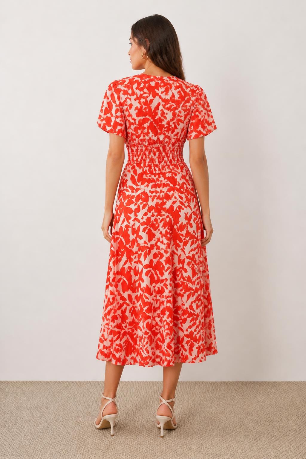 Isabella | Boho Dress, Elegant V-Neck with Puff Sleeves - back view