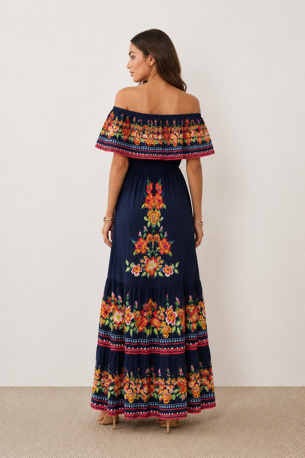 Evelyn | Off the Shoulder Dress, Women's Floral Print - back view
