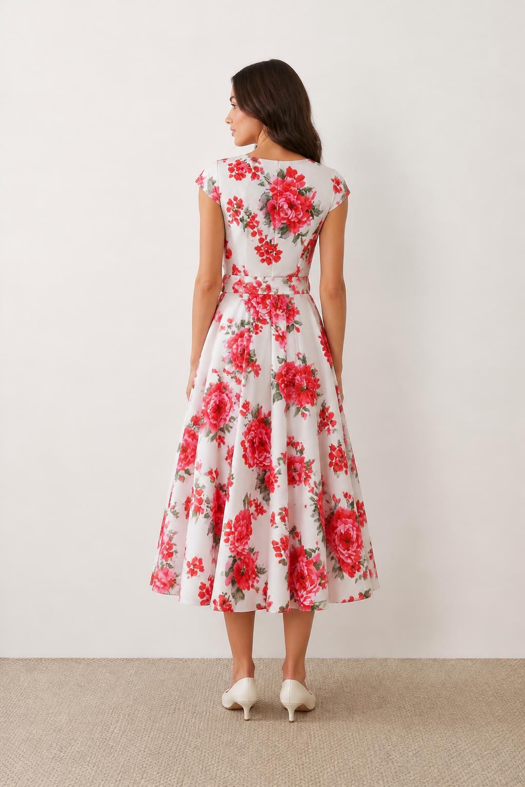 Sofia | Flowers Dress, Tie-Waist Pleated with Round Neck - back view