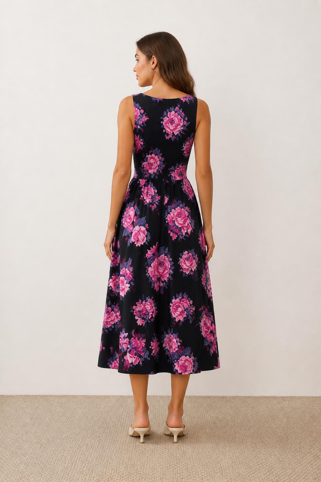Eliana | Flower Print Dress, Elegant Women's Style - back view