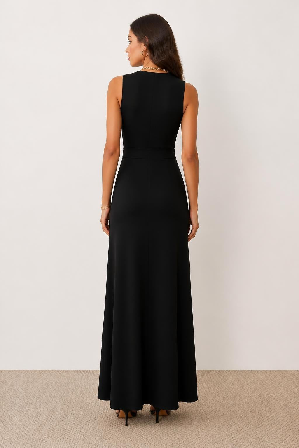 Mia | Black Bodycon Dress, Elegant V-Neck Sleeveless with Gold Chain - back view