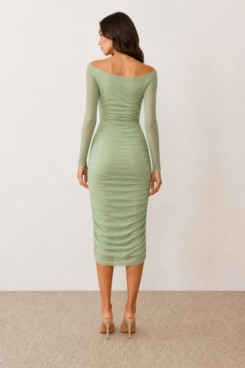 Evelyn | Sage Green Dress, Off-Shoulder Long Sleeve Ruched Midi - back view