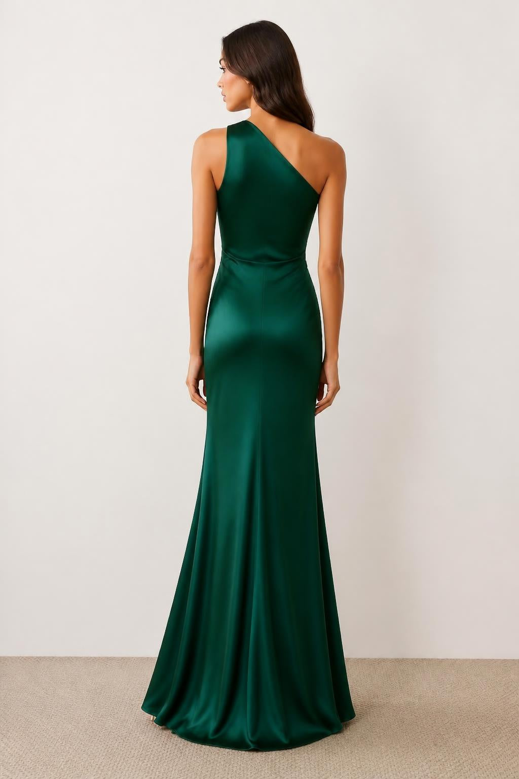 Sophia | Green Satin Dress, Elegant Dark Green Off-Shoulder Evening Gown - back view