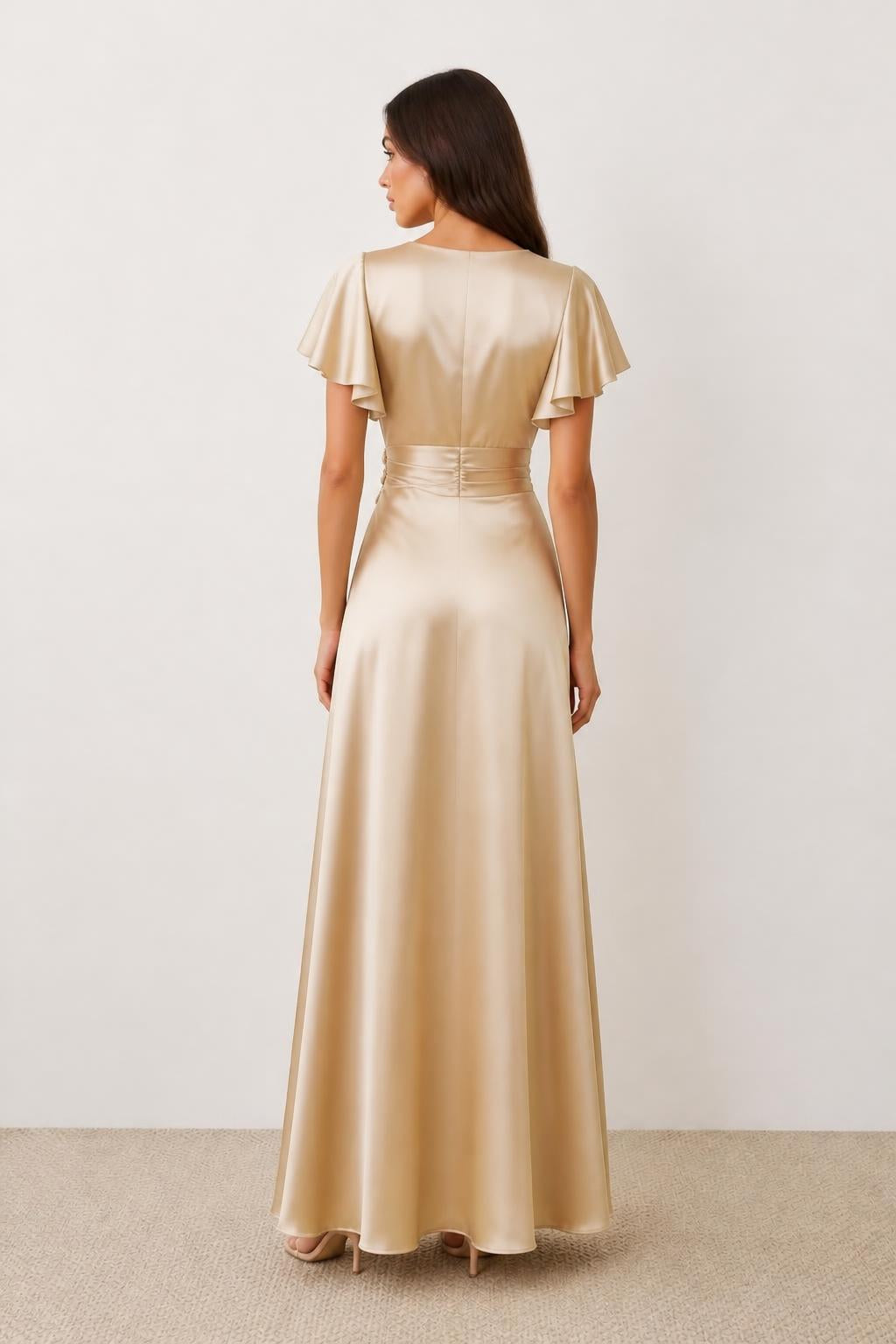 Isabella | Long Dress, V-Neck with Crossed Bodice and Ruffle Sleeves - back view