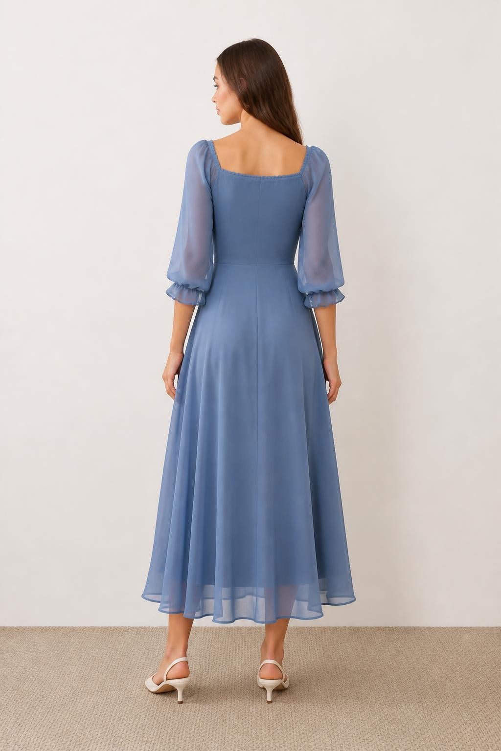 Evelyn | Ruffle Dresses, Women's Solid Square Neck with Tie Waist - back view