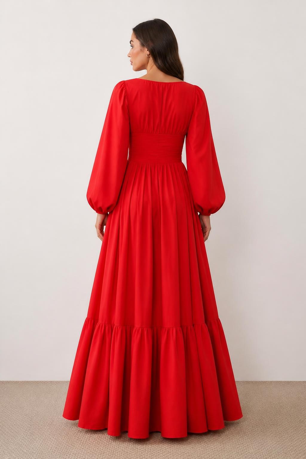 Olivia | Evening Dresses with Sleeves, Women's Long Solid Puff Sleeve - back view