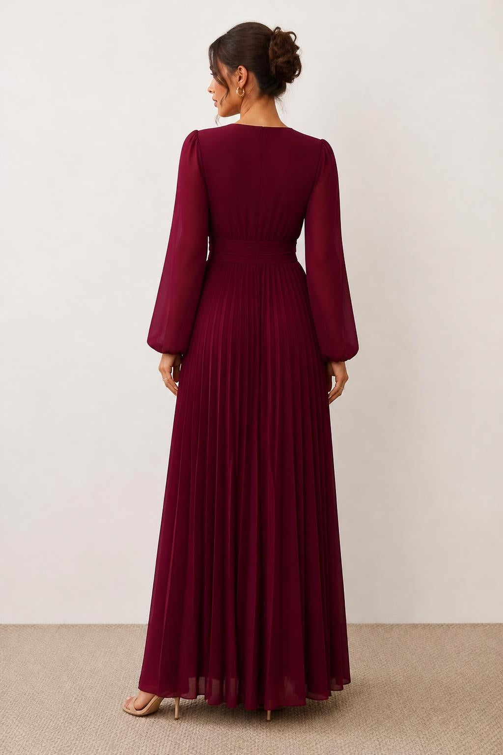 Charlotte | Pleated Dresses, Elegant V-Neck Long Sleeve with Metal Buckle - back view