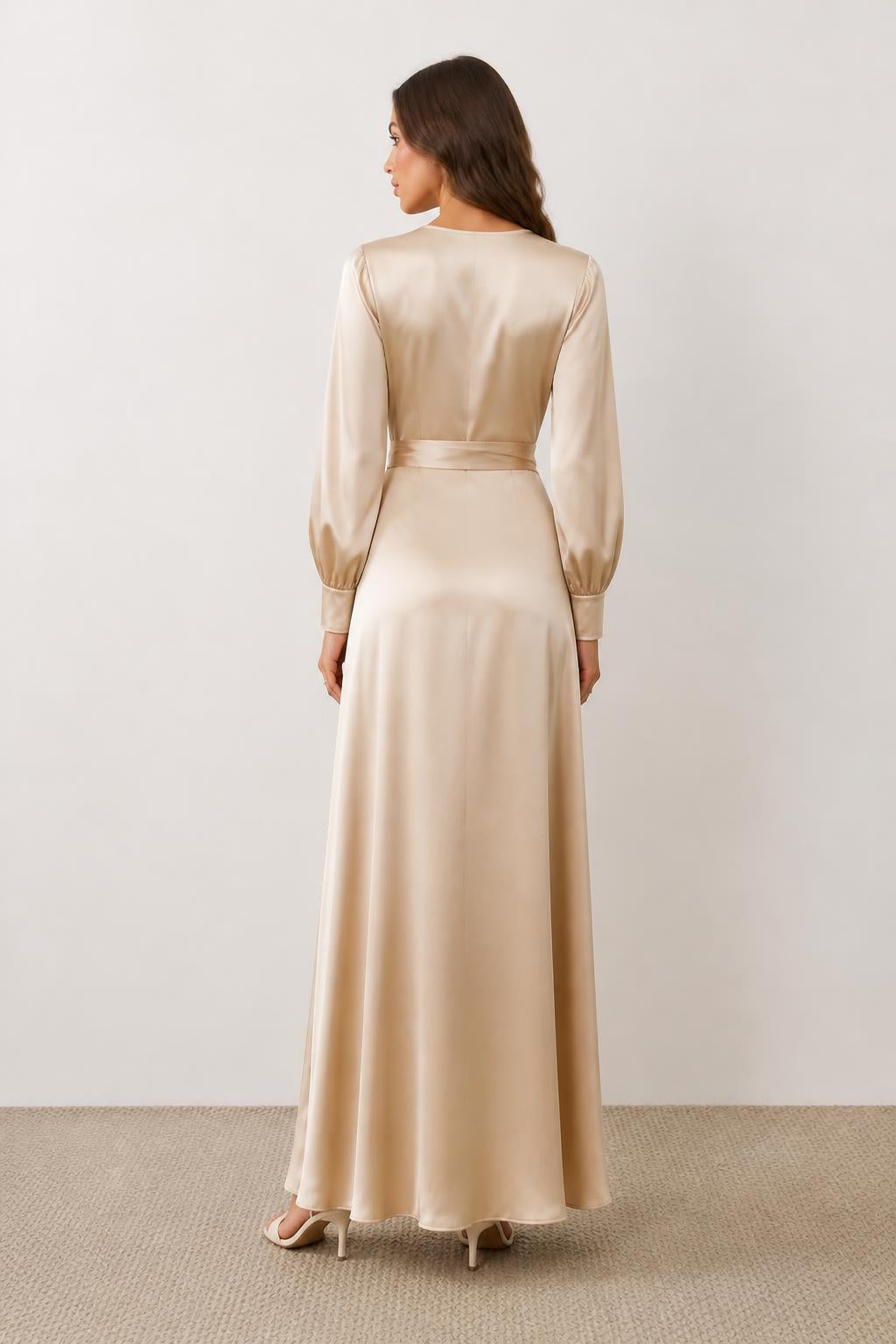 Olivia | Satin Dress, Elegant Waist-Tie Style - back view