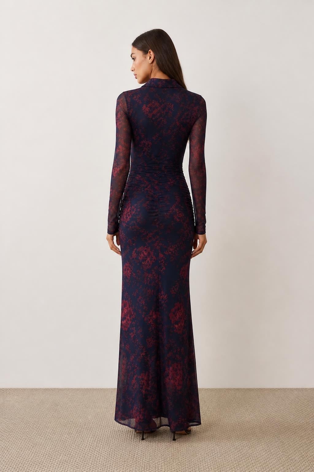 Emma | Floral Mini Dress, Long-Sleeve Mesh Bodycon - back view
