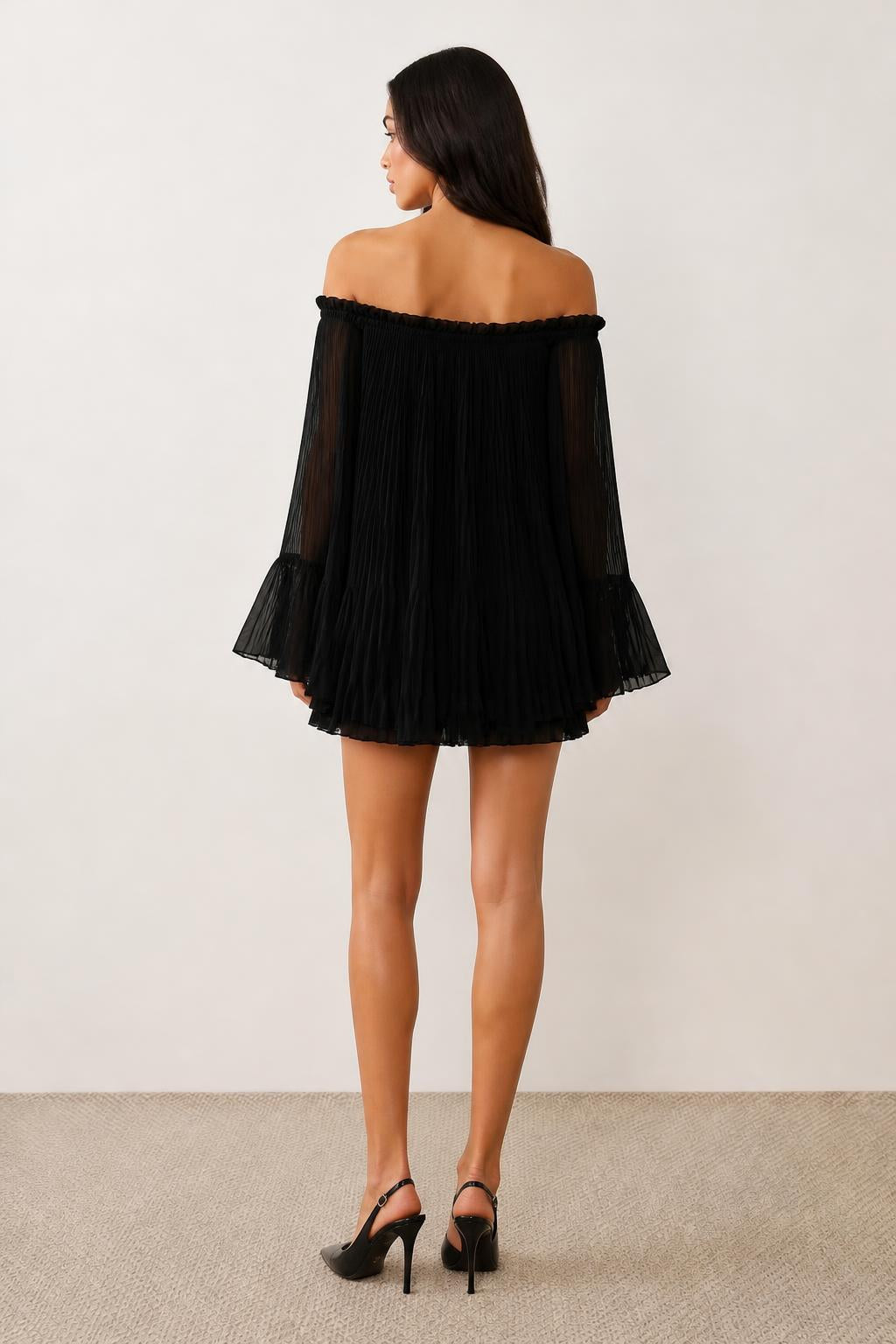 Isabella | Chiffon Dress, Elegant Black with Ruffled Sleeves - back view