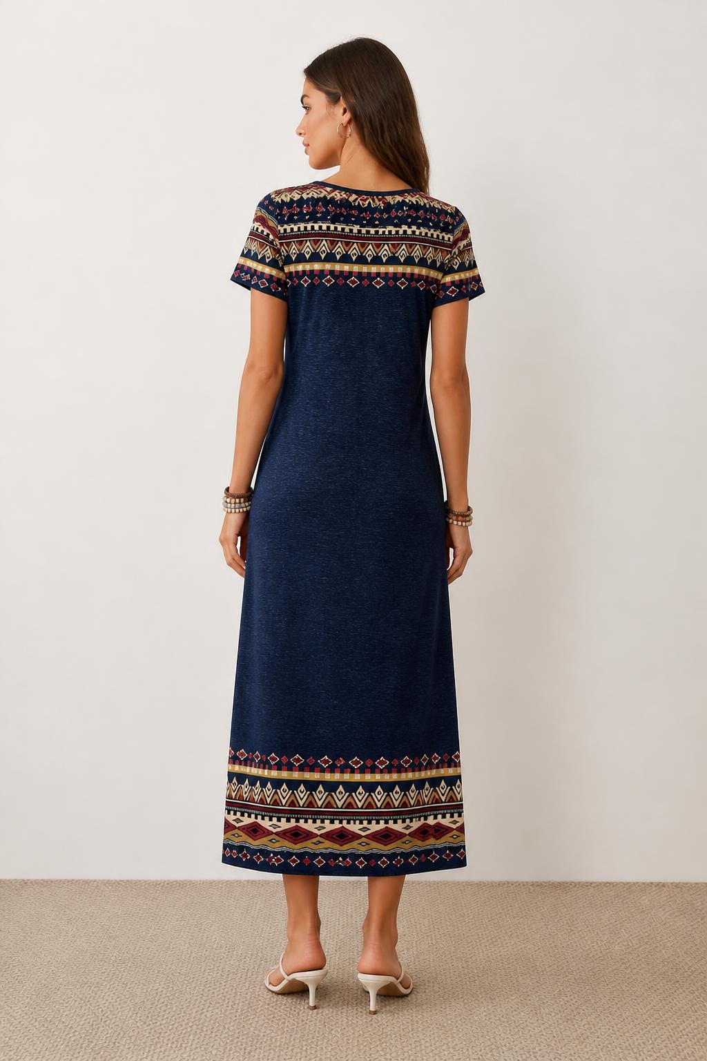 Evelyn | Boho Dress, Geometric Print Relaxed Straight Cut - back view