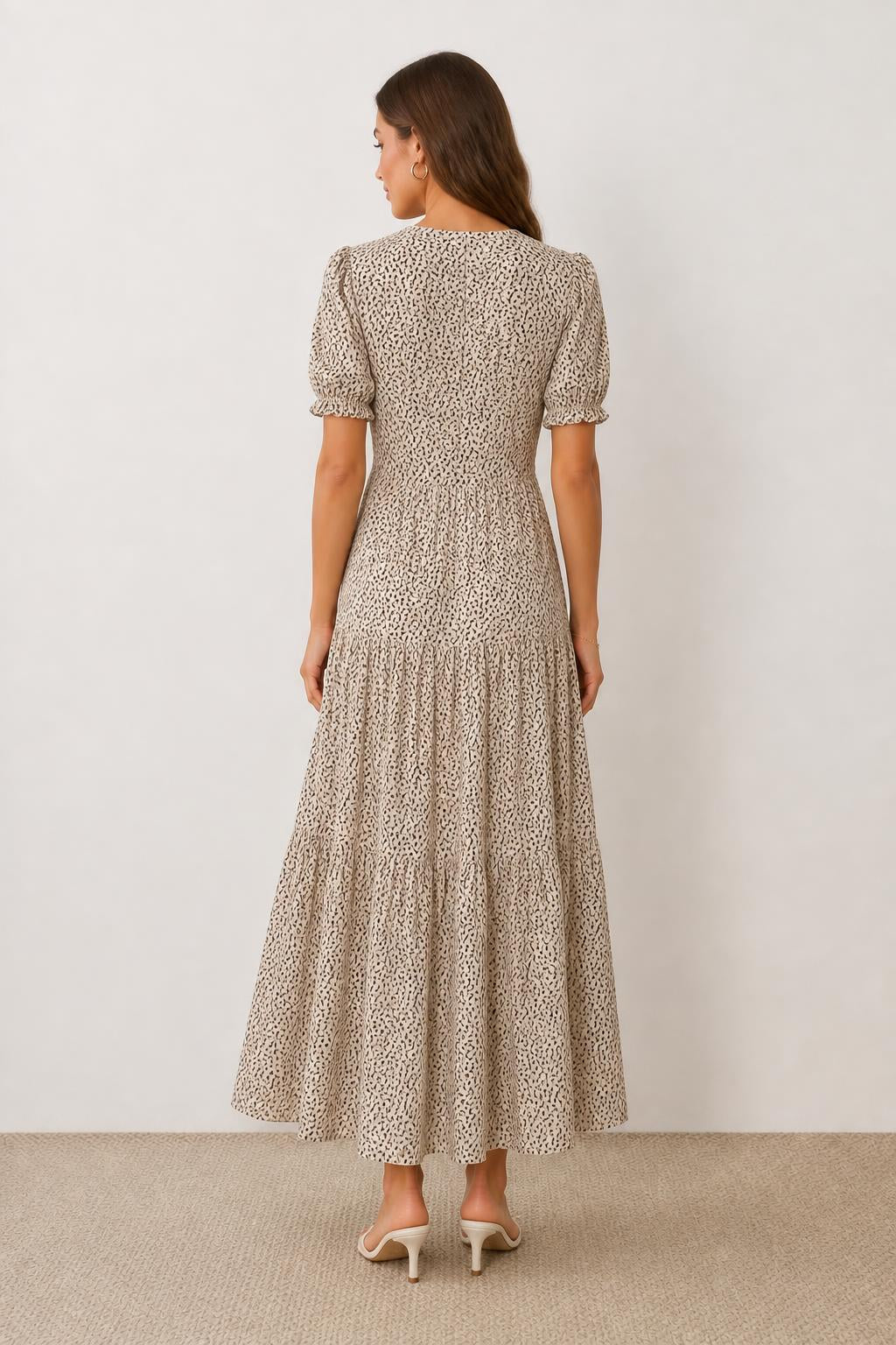 Charlotte | Leopard Print Dress, Puff Sleeve Boho with Round Neck - back view