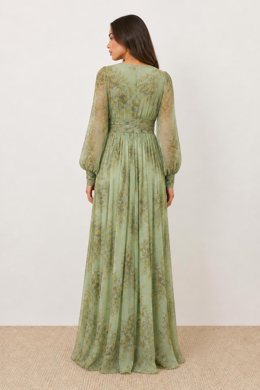 Emma | Floral Maxi Dress, Vintage Bohemian with Ruffled Hem - back view