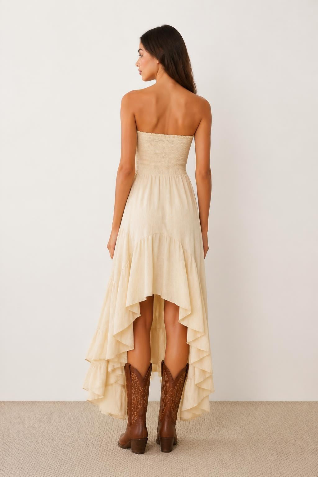 Amelia | Cami Dress, Boho Ruffle with Asymmetric Hem - back view