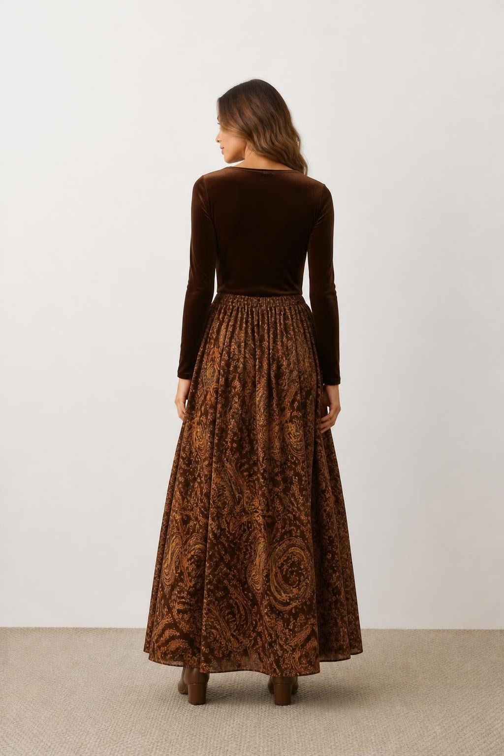 Emma | Floral Maxi Skirt, Vintage Long with Elastic Waist (No Belt) - back view