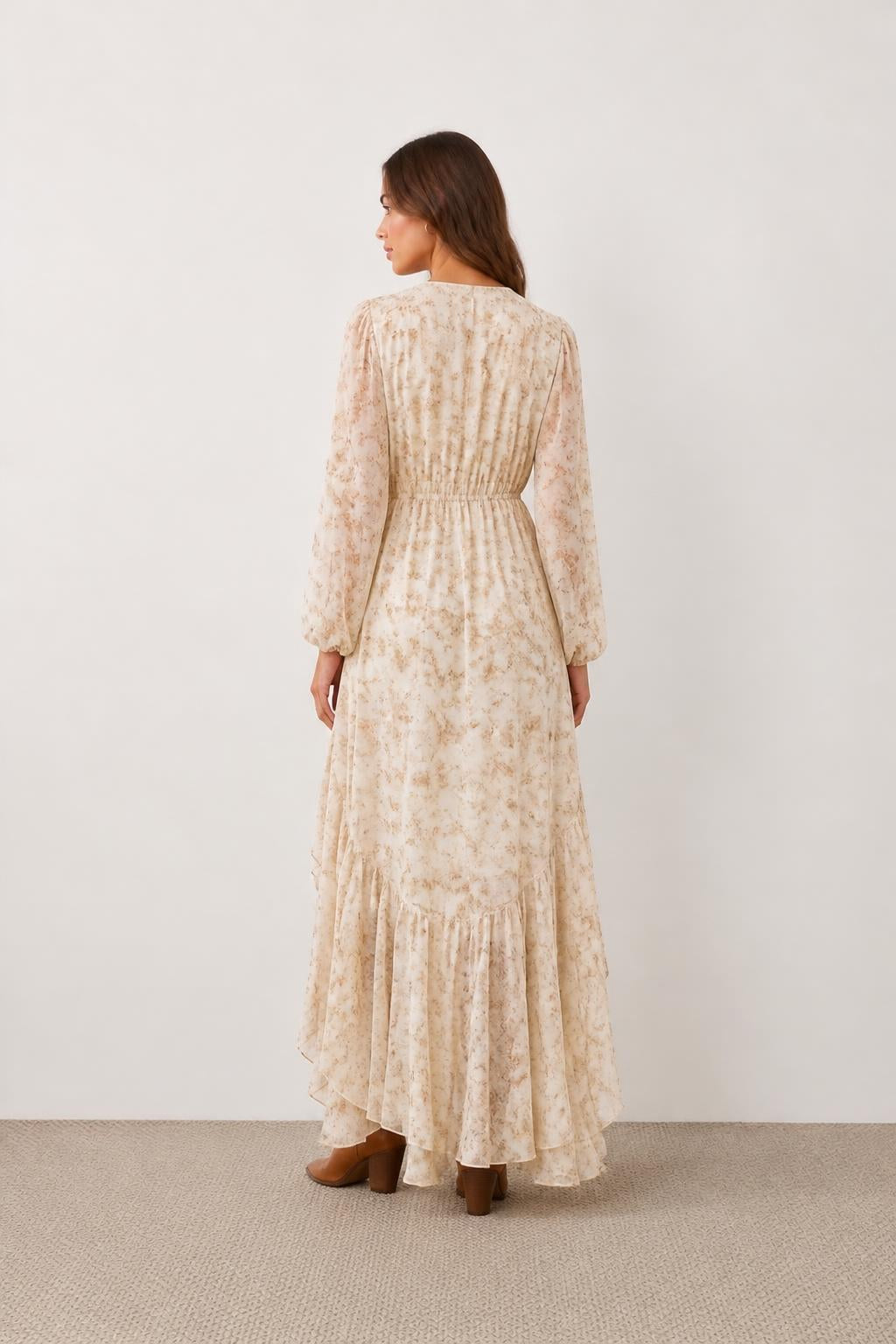 Amelia | Vacation Dress, Floral V-Neck Asymmetric with Lace Trim - back view