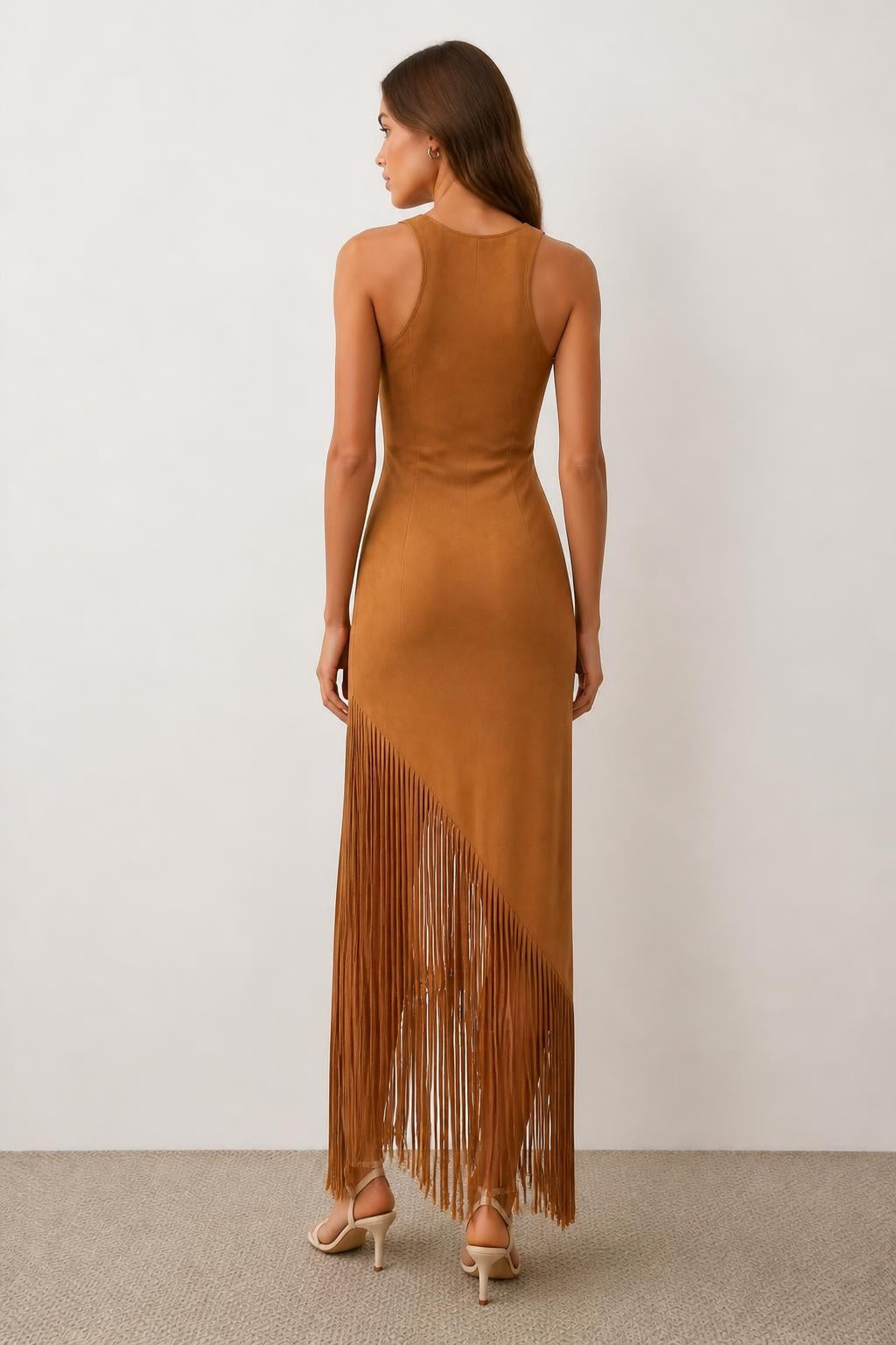 Mia | Western Fringe Dress, Vintage Mid-Length Sleeveless - back view