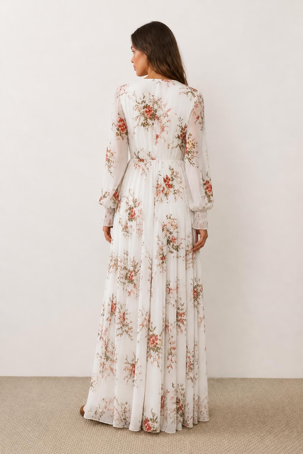 Evelyn | Long Sleeve Maxi Dress, V-Neck Floral Bohemian (No Belt) - back view