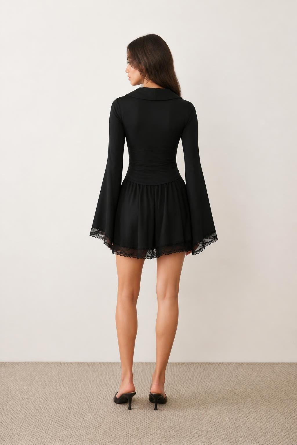 Olivia | Lace Maxi Dress, Vintage Lace-Trim V-Neck with Flared Sleeves - back view