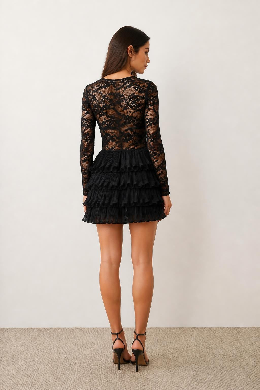 Emma | Black Long Sleeve Mini Dress, Stretch Lace and Tiered Ruffles - back view