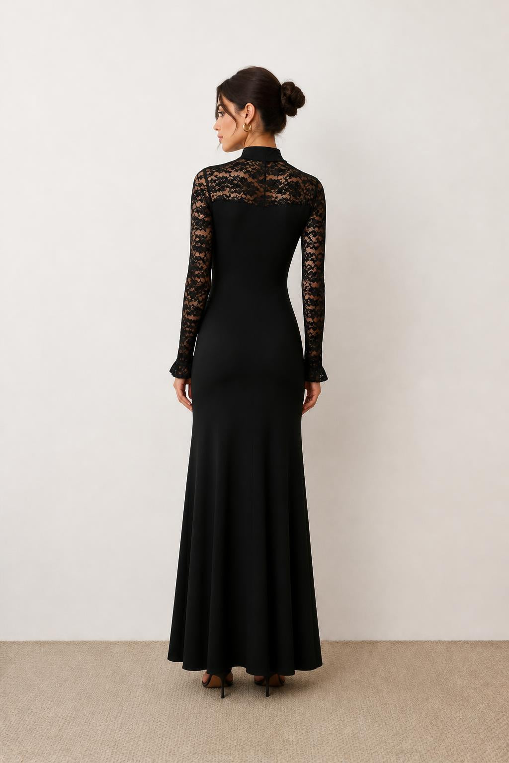 Sophia | Long Black Lace Dress, Evening Style with Sheer Floral Bodice - back view