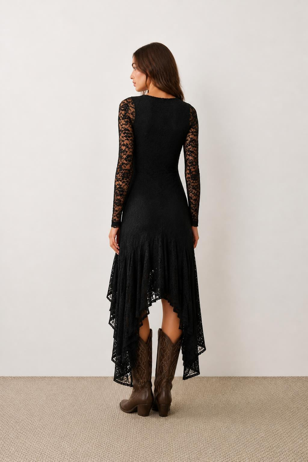 Evelyn | V Neck Dress, Semi-Sheer Long-Sleeve Maxi - back view