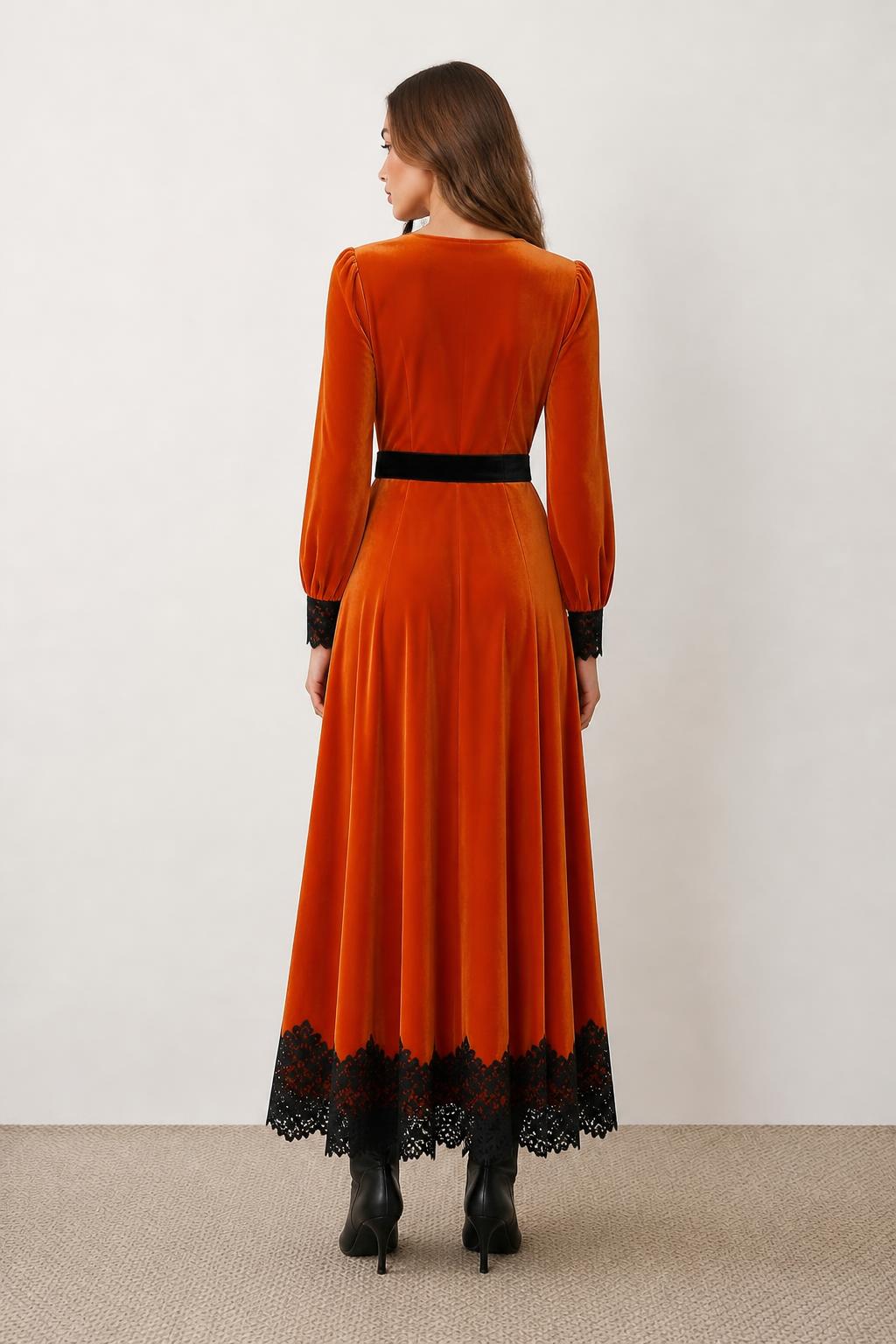 Sofia | Velvet Dress, Vintage Orange V-Neck with Lace Trim - back view