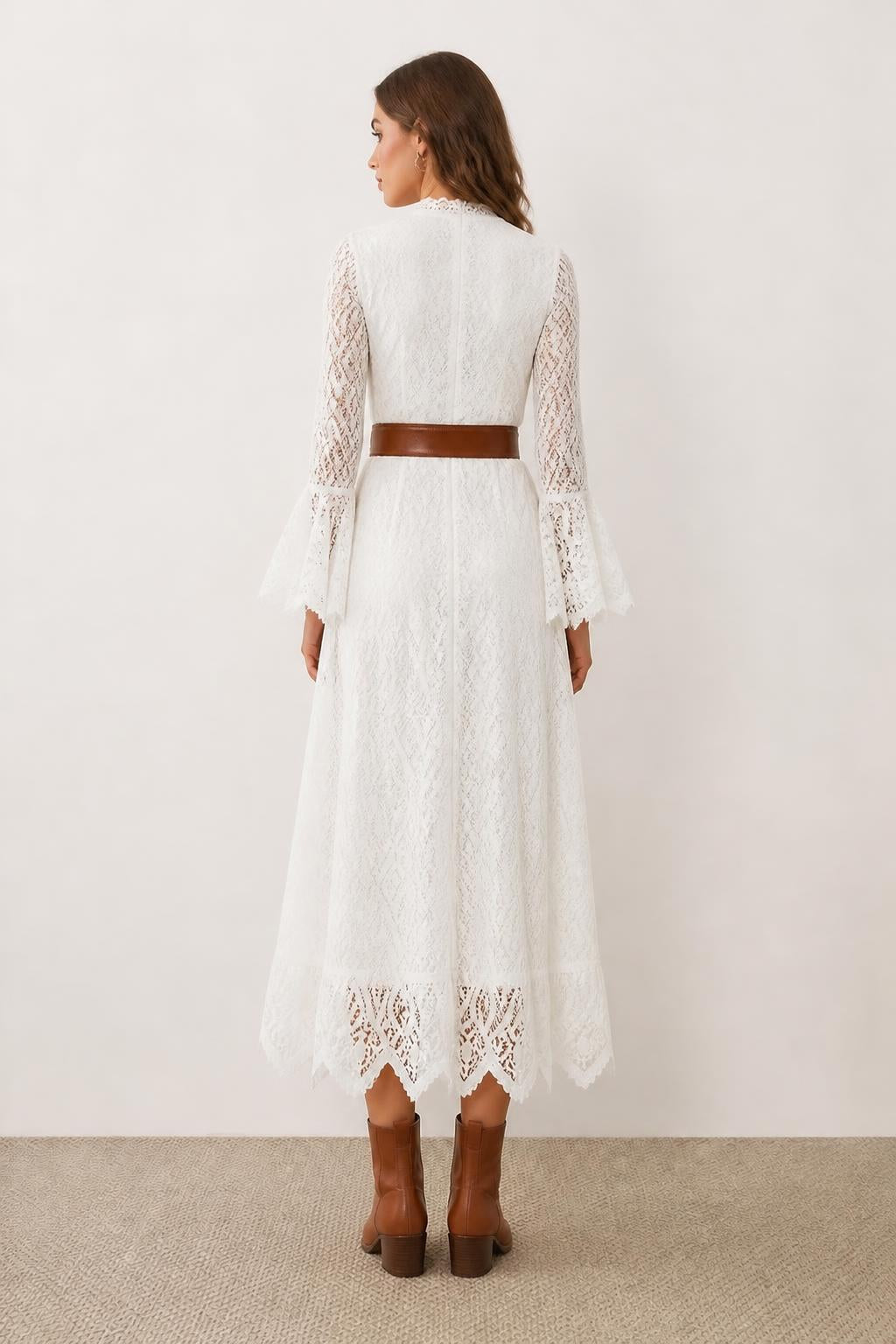 Charlotte | Lace Midi Dress, Mid-Length with V-Neck - back view