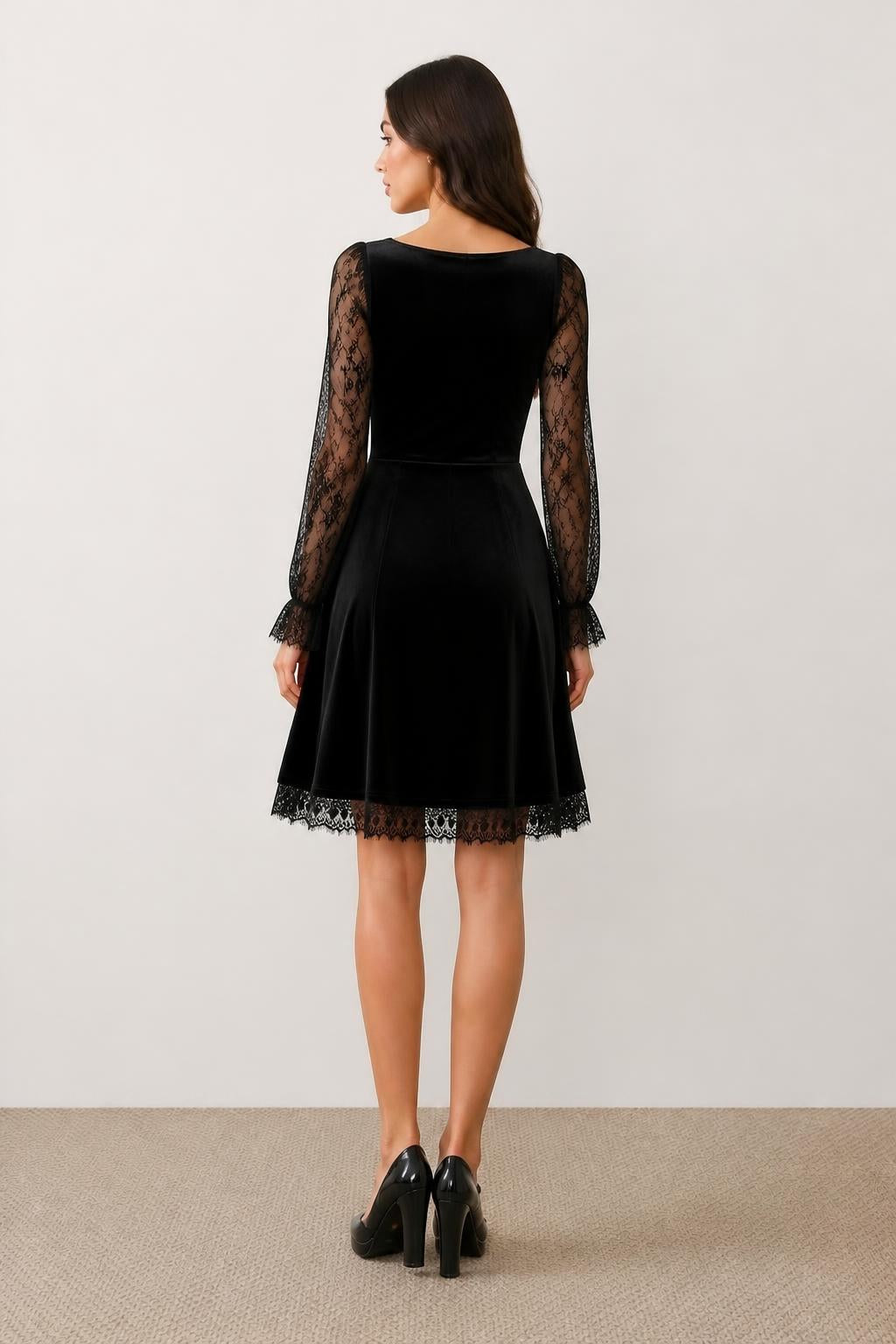 Emma | Gothic Dress, Velvet Boat-Neck with Lace Hourglass Sleeves - back view