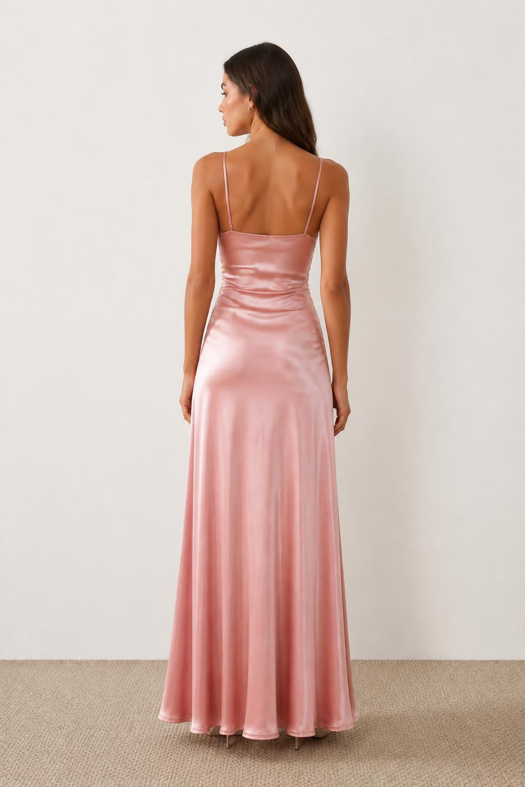 Mia | Spaghetti Strap Dress, Satin V-Neck Bodycon Mini - back view