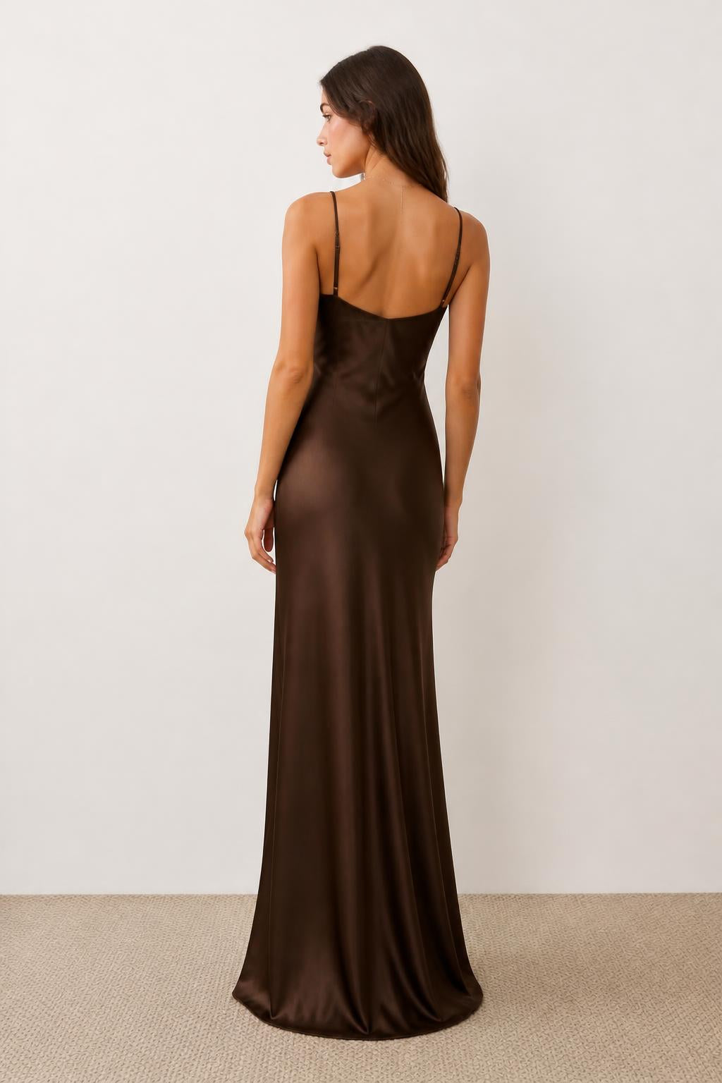 Eliana | Long Satin Dress, Spaghetti-Strap Waist Maxi for Women - back view