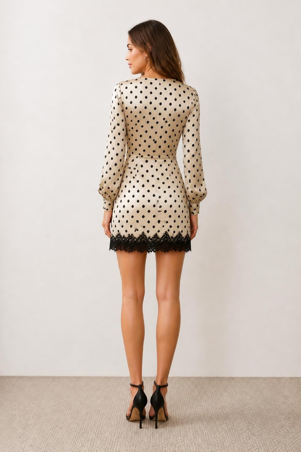 Olivia | Polka Dot Mini Dress, Pleated Satin with Lace - back view