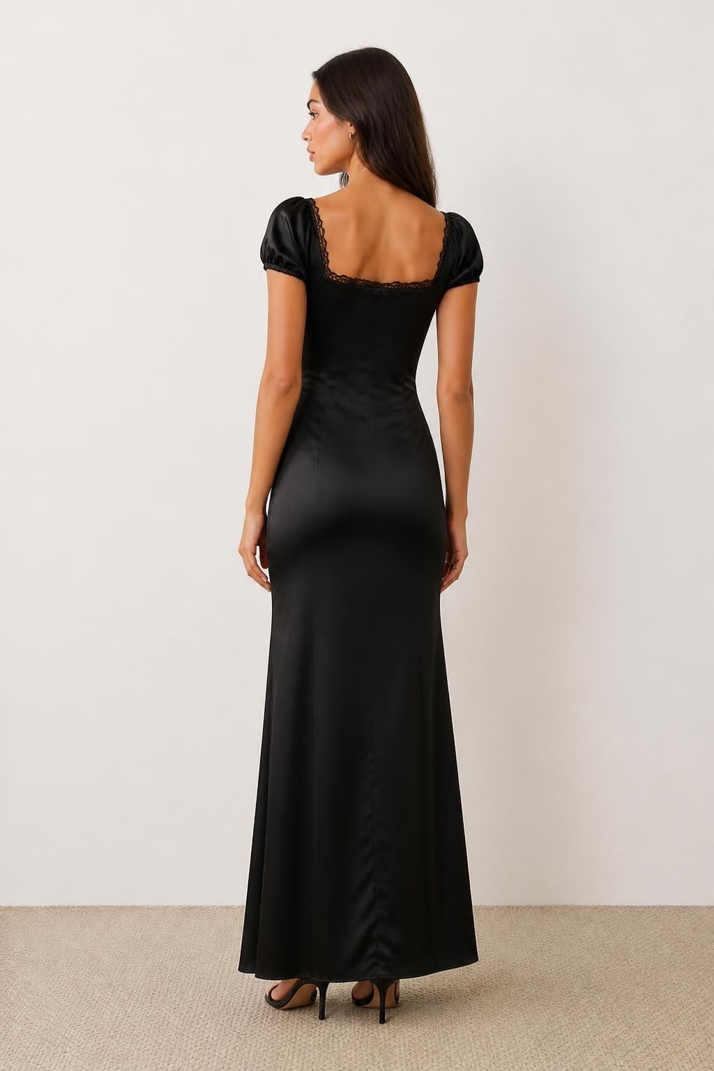 Emma | Black Satin Dress, Asymmetric Heart-Neck - back view