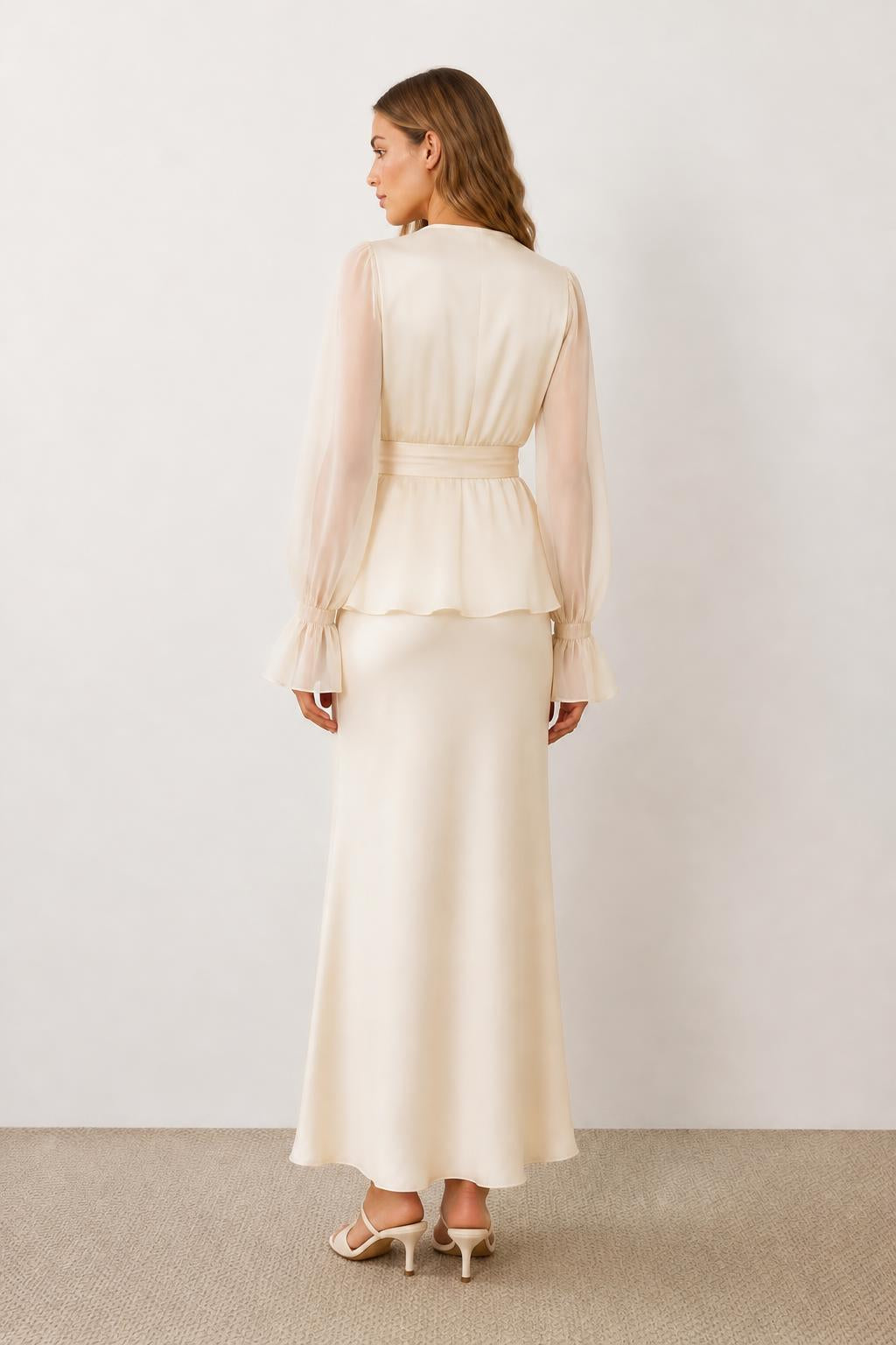 Amelia | Dress with Jacket, Chiffon Puff-Sleeve and Belted Satin Straight Dress - back view