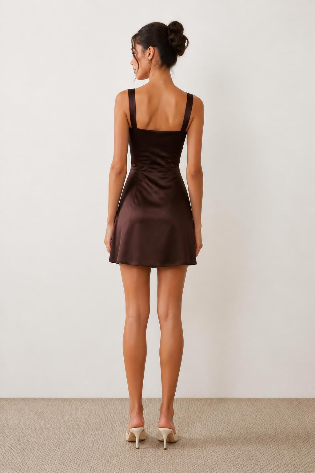 Mia | Square Neck Dress, Sleeveless Satin Bodycon Mini - back view