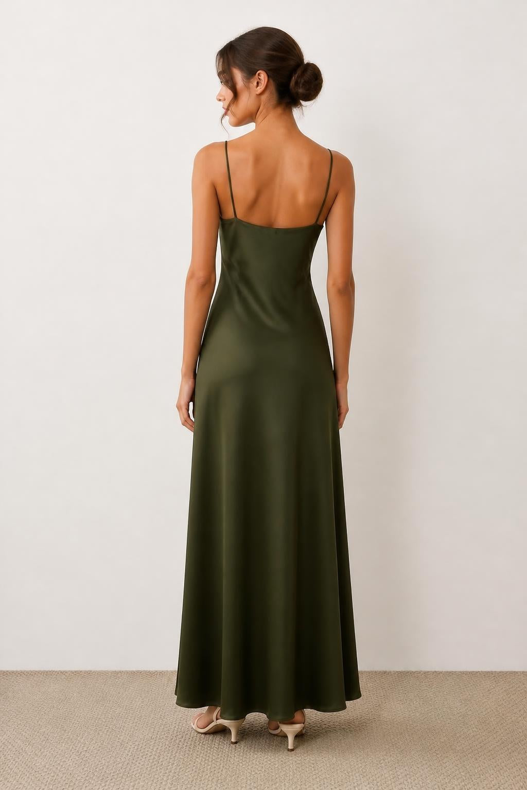 Olivia | Cami Dress, Y2K Solid Satin V-Neck - back view