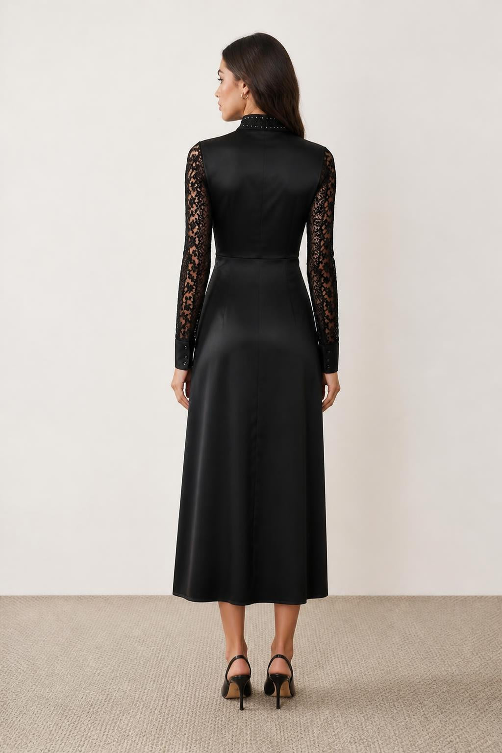 Emma | Work Dress, Black Satin-Look Lace V-Neck Long-Sleeve - back view