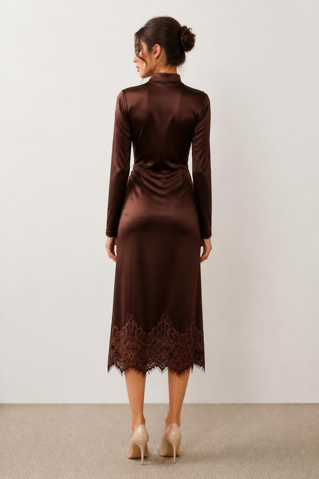 Amelia | High Neck Dress, Solid Satin with Lace Hem and Stand Collar - back view