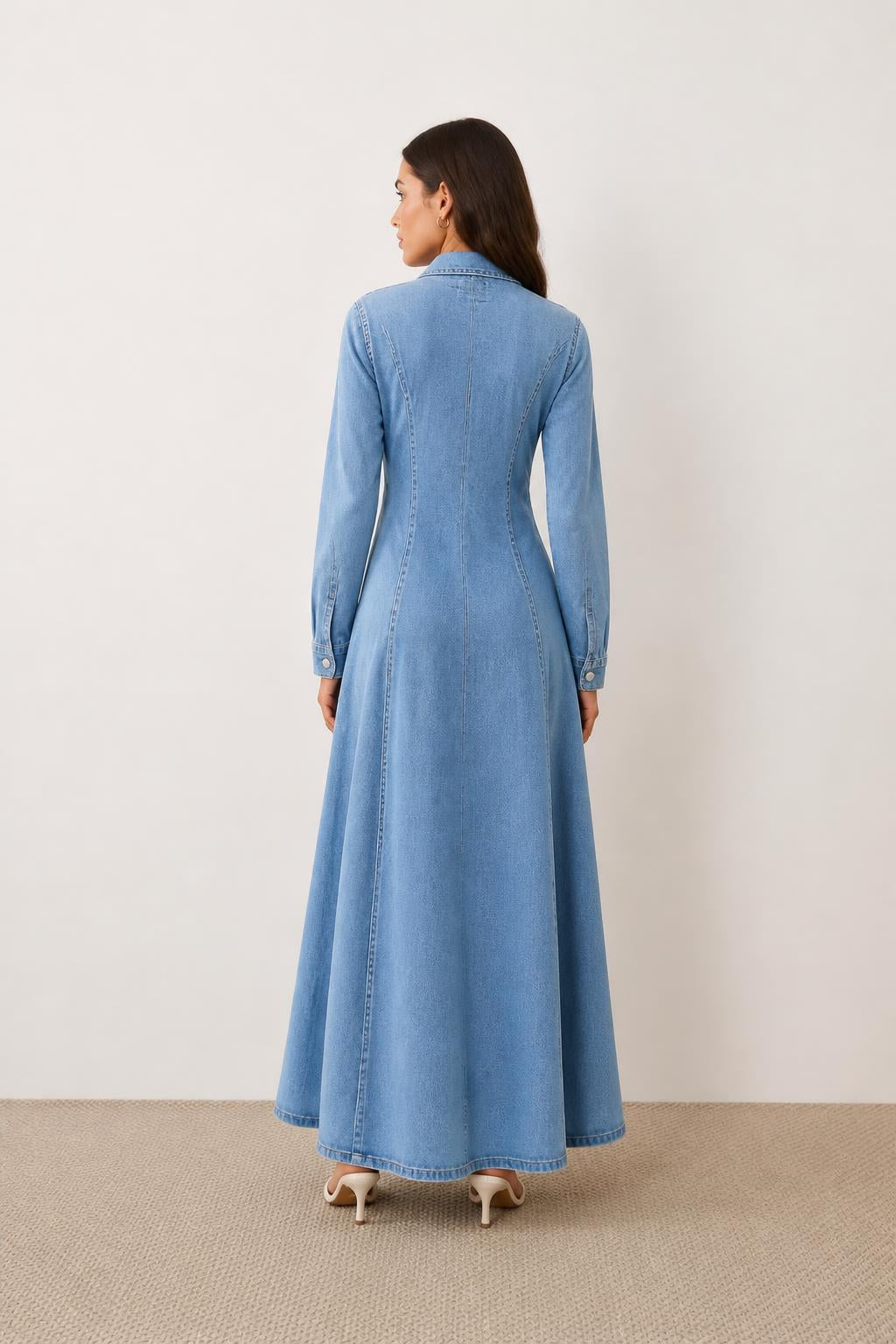 Amelia | Long Sleeve Denim Dress, A-Line Waist - back view